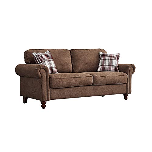 Panana 2 Seater / 3 Seater Sofa Couch Settee Fabric Sofa Living Room Sofa with Retro Design Leg and 2 Free Cushions (Brown, 3 Seater)