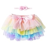 Jastore Baby Girls Soft Fluffy Tutu Skirt with Diaper Cover Toddler Girl Tutu Skirt Sets with Flower Headband (US, Age, 6 Months, 12 Months, Rainbow)