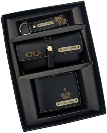 Customised Men’s Wallet, Specs Case & Keychain | Name Engraved | Leather Finish Set | Personalised Gift | Black