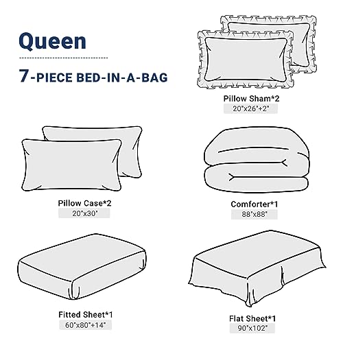 JOLLYVOGUE Queen Comforter Set 7 Pieces, Navy Blue/Gray Bed in a Bag Comforter Set for Bedroom, Bedding Comforter Sets with Comforter, Sheets,Ruffled Shams & Pillowcases