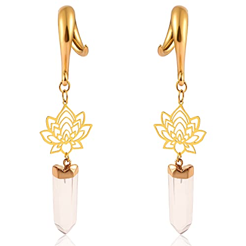 Doearko 2 Pcs Ear Gauges Lotus Natural Stone Crystal Ear Plugs Body Piercing Tunnels 316 Stainless Steel Hypoallergenic Earrings Gauges For Ears Expander Body Jewelry (8Mm(0G), Gold) #TOP21