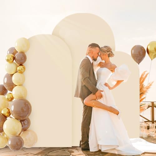 Image of FOTSHARER Spandex Arch Backdrop Cover Set of 3 Beige Wedding Arch Cover 4FT 5FT 6FT Arch Covers for Balloon Frame Stand 2-Sided Arches Backdrop Stretchy Covers for Wedding Banquet Party Banquet Decor