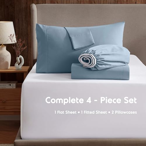 Image of Nestl King Bed Sheet Set - Stone Blue - 4-Piece Deep Pocket | Instantly Soft, Night-One Ready (No Wash Required). Fits 16-Inch Deep Pockets, 360-Degree Elastic Grip