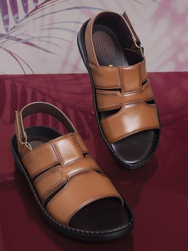 Image of Liberty Healers STARC-1E Men Casual Sandals, Brown & Tan - Formal, Leather Look Sandals for Men with Buckle Strap - Stylish Sandal for Man - Mid Heel Lightweight, Comfortable Footwear