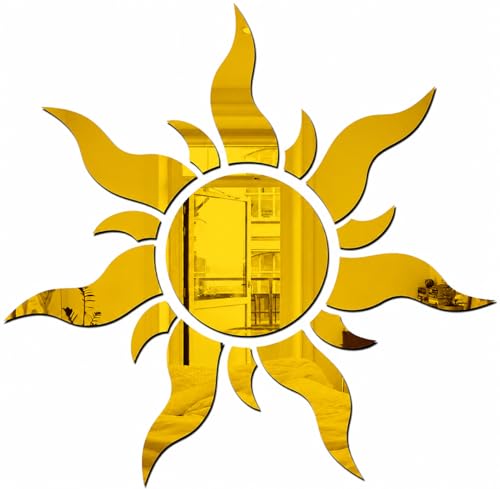 Image of Golden Sun Mirror Wall Stickers | 3D Acrylic Sunburst Mirror Sticker for Wall Decoration | Self Adhesive DIY Mirror Decals for Living Room Bedroom Hall Kitchen (Pack of 1)