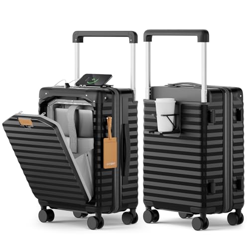 Image of Joyway 20 Inch Carry on Luggage with Front Pocket, PC Hardshell Carry-on Suitcase with USB Port and Cup Holder, 21.5x14.2x9 Airline Approved, Luggage with Spinner Wheels and TSA Lock (Black)