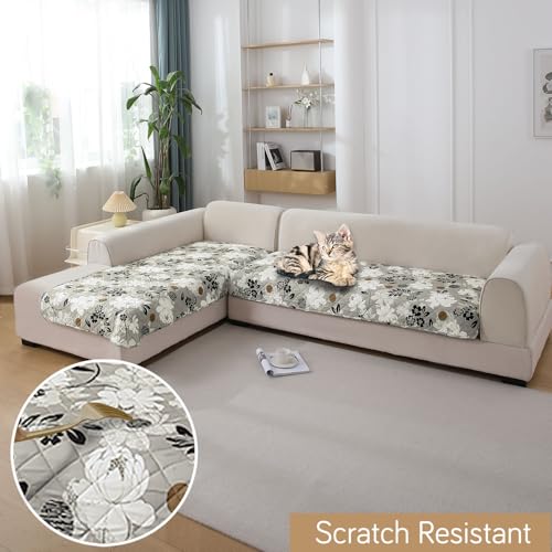 Image of HOKIPO 'Elira Series' Printed Water Repellent + Waterproof Quick Dry L Shape (3+2 Seater) Sofa Seat Cover Mat, Feather Brown Floral (AR-5249-C1 + AR-5246-C1)