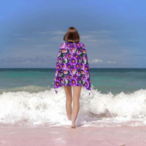 Toalla de playa absorbente de margaritas moradas, ideal para llevar de viaje y natación 7