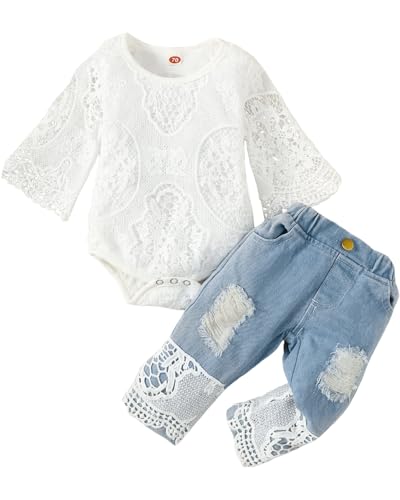 Image of Voonlie Newborn Baby Girl Clothes Infant Girl Lace Romper Ripped Jeans Clothing Set