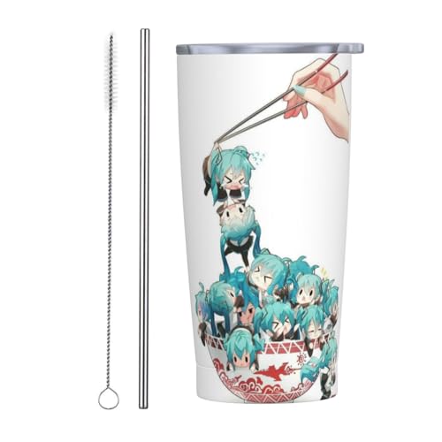 初音ミク アニメ ストロー&ストローブラシ付き マグカップ コーヒーカップ 600ml コンビニカップ タンブラー ステンレス製 保冷 保温 車用 蓋付き 持ち運び 水筒 大容量 直飲み キャラクター 人気 プレゼント