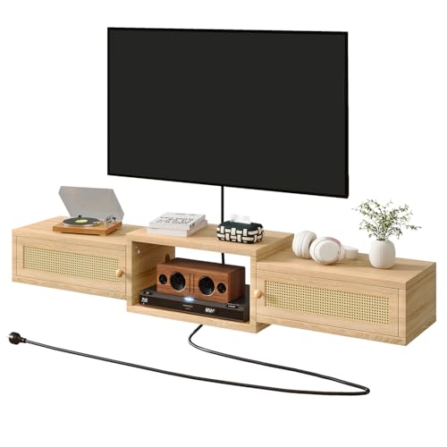 IBUYKE Modern Rattan Floating TV Stand with Doors,Wall Mounted TV Shelf for TVs up to 55 Inches,Media Console Entertainment Center for Under TV Storage Cabinet for Living Room Bedroom,Natural UWST012N