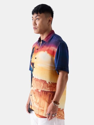 Image of The Souled Store Official DC: Caped Crusader Mens and Boys Relaxed fit Graphic Printed Half Sleeve Rayon Multicolored Holiday Shirts (217670) Holiday Shirts Fashionable Trendy Graphic Prints Pop