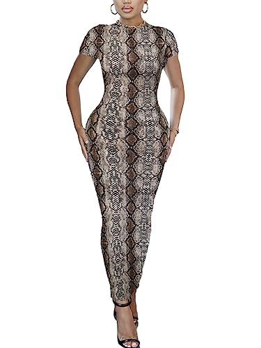 Image of Women's Long Bodycon Dresses Leopard Print Casual Maxi Club Party Tight Dress Short Sleeve