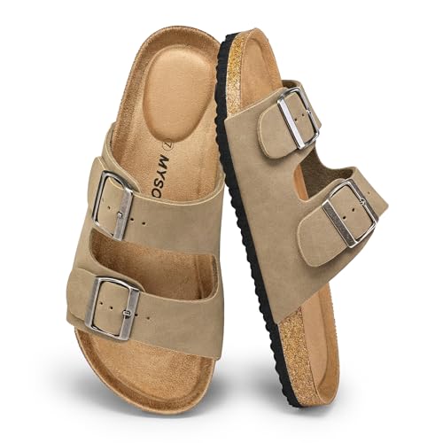 Image of mysoft Womens Flat Sandals Cork Footbed Slides with 2 Straps | Adjustable Buckle Slip On Comfortable Casual Light Weight Summer sandals