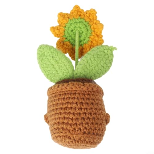 Oceanlend Maceta de girasol de ganchillo hecha a mano, 7 x 17 cm, flores artificiales para decoración del hogar y oficina, diseño menos marchito, arte hecho a mano para cumpleaños