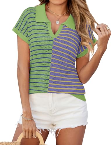 Image of ZAFUL Women's Short Sleeve Summer Sweaters for Women Lightweight Polo Sweater Shirts Lapel V Neck Pullover Knit T Shirts
