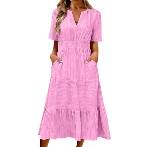 Vestido de verano para mujer, línea A, ligero, largo, verano, manga corta, algodón, informal, cuello redondo, cuello en V, vestido de lino, midi elegante, vestido de ocio, vestido plisado, vestido de