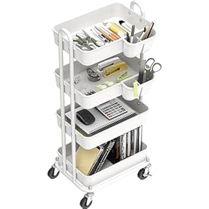 Simple Houseware 4 Tier Multifunctional Rolling Utility Cart with Hanging Buckets White