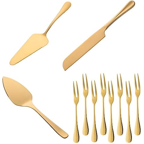 Cake Server Set,Gold 18/8 （304）Stainless Steel Cake Shovel,Cake Knife&Dessert Fork/Cake Cutting Sets for Wedding,Anniversary,Party Supplies by BUY THINGS! Cover