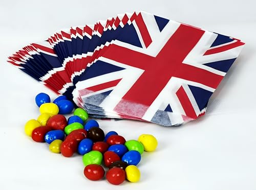 5 po x 7 po Sacs en papier rayés Union Jack pour bonbons | Lot de 50 | Sacs pour mariage, buffet, pochettes surprises, gâteaux, magasin de mélanges