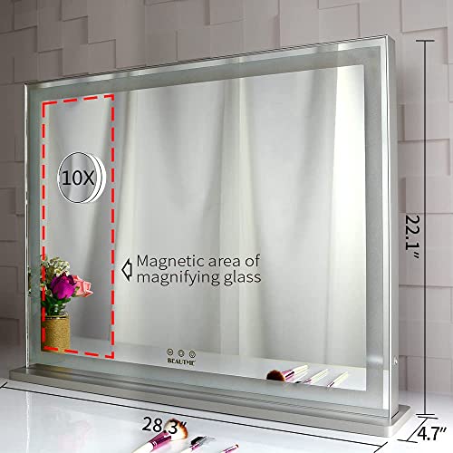 Beautme Vanity Mirror With Lights, Lighted Tabletop/Wall Hollywood Makeup Mirror For Dressing Room & Bedroom,3 Color Modes With Dimmer,With 1Pcs 1X/10X Roud Mirror,Silver (28.3 X 22.1 Inch) #TOP2