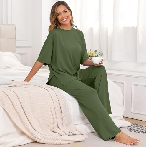 Image of PrinStory Womens Pajamas Sets 2 Piece Lounge Set Short Sleeve Tops and Long Pants Soft Pjs Loungewear with Pockets