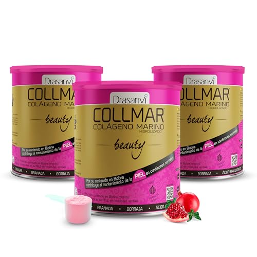 DRASANVI COLLMAR BEAUTY COLAGENO MARINO PARA LA PIEL | Colageno Hidrolizado con Vitamina C Natural, Biotina y Acido Hialuronico| Piel Bonita e Hidratada| Sabor Granada | 3 x 275 GR