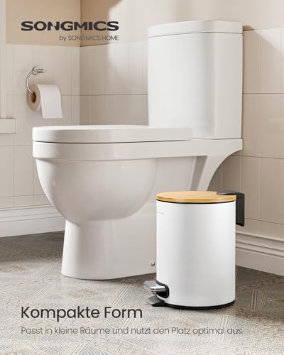 SONGMICS Kosmetikeimer, Mülleimer Bad, mit Deckel aus Bambus, Tretmülleimer mit Metallpedal, Inneneimer herausnehmbar, Softclose, für Badezimmer, 3 Liter, wolkenweiß LTB113WZ01