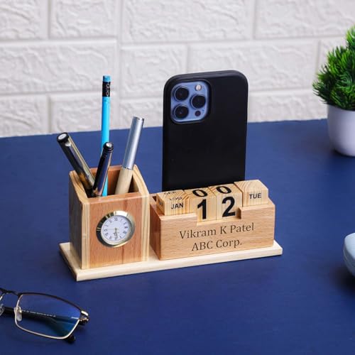 Image of EpicLane Customizable Wooden Pen Holder with Clock, Visiting Card Holder & Mobile Stand | Personalized Name Engraving Desk Organizer (Infinity)
