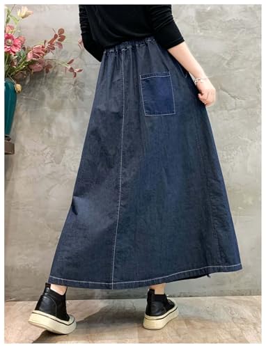 MLAFE Womens Denim A-Line Long Midi Skirt One Size Elastic Waist Spliced Denim Bustier Skirt Lace-Up Loose Casual Denim Skirt4
