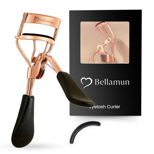 Bellamun Eyelash Curler - Premium Rose Gold with Pink or Black Accents - Ergonomic Design for Effortless Curling - Achieve Stunning Lashes with Comfort and Style! (rose gold with black)