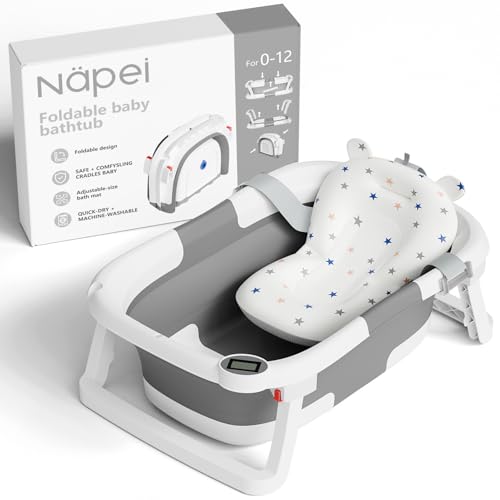 Image of Collapsible Baby Bathtub,Baby Bath Tub with Soft Cushion & Thermometer,Baby Bathtub Newborn to Toddler 0-36 Months,Portable Travel Baby Tub