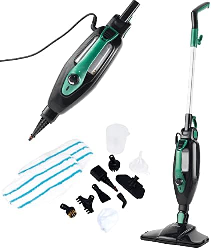 Salter SAL01369 14 in 1 Steam Cleaner, Upright Floor Steamer for Carpets, Hard Floors, Handheld Sanitising Steaming Clothes, 1300 W, Versatile Chemical Free Cleaning, Two Microfibre Pads, Black/Green