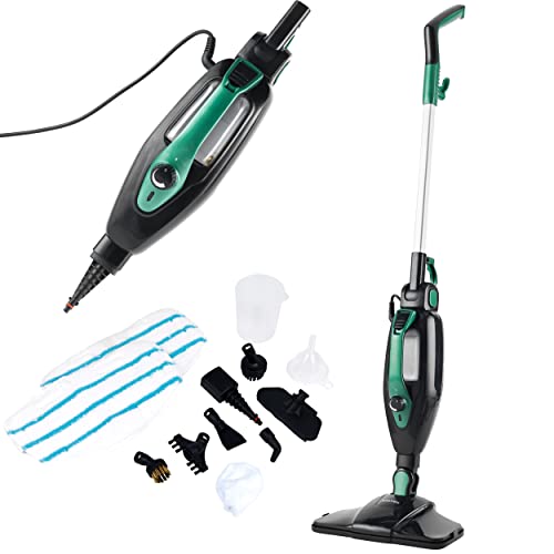 Salter SAL01369 14 in 1 Steam Cleaner, Upright Floor Steamer for Carpets, Hard Floors, Handheld Sanitising Steaming Clothes, 1300 W, Versatile Chemical Free Cleaning, Two Microfibre Pads, Black/Green
