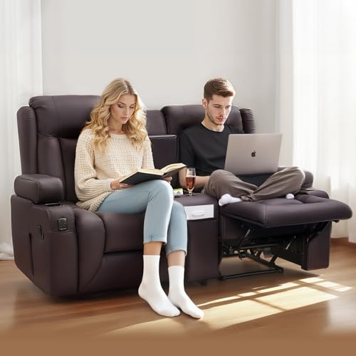Image of VEVOR Loveseat Recliner Sofa, Home Theater Seating Reclining RV Couch with Console, Wall Hugger Recliner with USB Ports, Cup Holders, Storage Bags, Dual Loveseat Chair for RV /Movie Room, Faux Leather