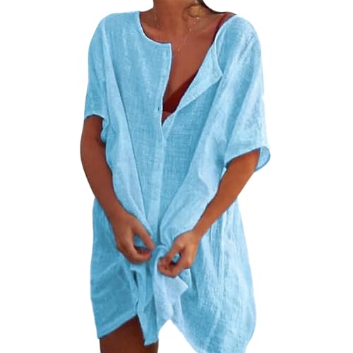 Minicoco Women Beach Cover Up Button Down Shirt Dresses Cotton Shirt Long Beachwear Swimsuit Bikini Cover-Up Casual Short Sleeve Beachwear Kimonos Bathing Suit