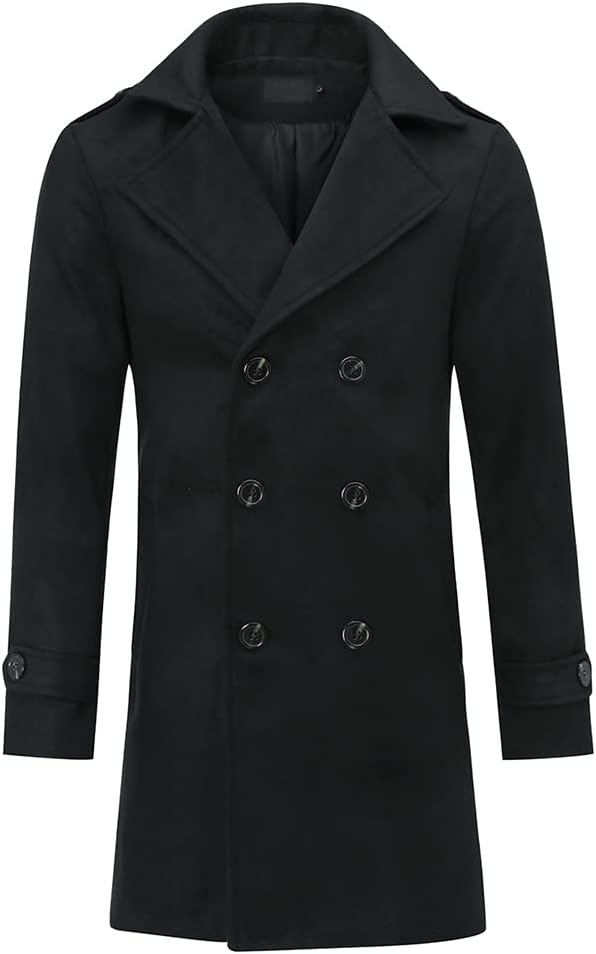 AOWOFSMen's Double Breasted Overcoat Pea Coat Classic Wool Blend Winter Coat