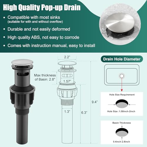 Heyalan Brushed Nickel Vessel Sink Bathroom Tall Faucet One Hole Single Handle Basin Mixer Tap Lavatory Vanity Brass Pop Up Drain Included Deck Mount Modern Tall Bathroom Faucet - Thumbnail 7