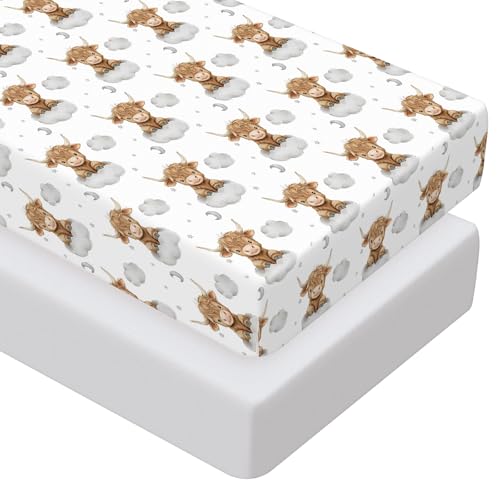 Image of Peryiter 2 Pack Crib Sheets for Girls Boys Coquette Bed Sheet Set Fitted 52'' x 28" for Standard Crib Mattress Stretchable Soft Toddler Aesthetic Nursery Decor(Highland Cow,Gray)