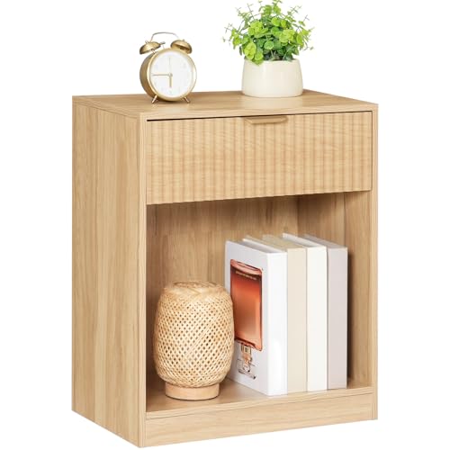 HOOBRO Fluted Nightstand Modern Bedside Table with 1 Drawer and 1 Open Compartment Wooden End Table with Metal Handle for Bedroom and Office Natural NL208BZ01