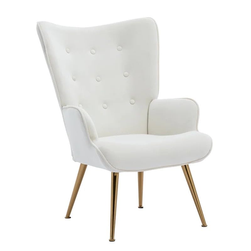 Image of Velvet Wingback Accent Chair for Living Room | Luxury High Back Tufted Armchair with Glossy Metal Legs | Modern Velvet Upholstered Lounge Chair for Home & Office | 1 Pc (White)