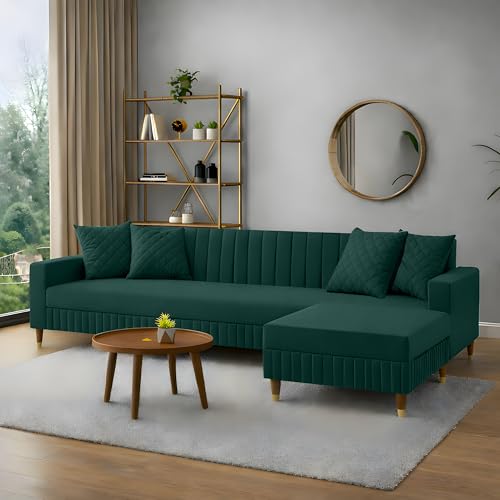 Image of AMATA Omega Solid Wood 4seater L Shape Green Suede Velvet Fabric Sofa Set with Four Cushions Perfect for Home Office Guests Living Room (03 Green, Omega L Shape 4 SSEATER)(3 Year Warranty)