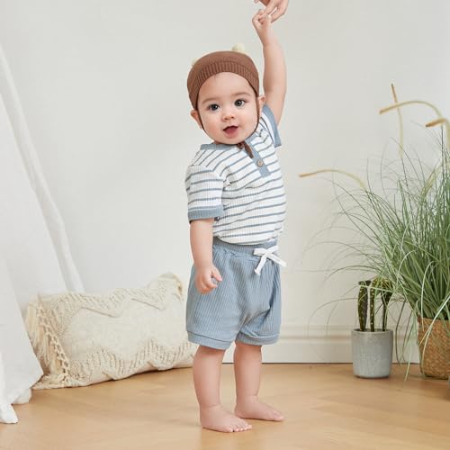 Newborn Baby Boy Girl Clothes Set Ribbed Short Sleeve Striped Romper Top Solid Color Shorts Sets 2Pcs Summer Outfits3