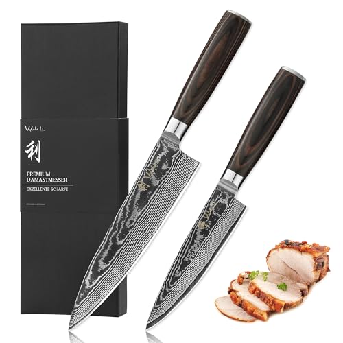 Manici ergonomici in Pakkawood per comfort e controllo: ogni coltello è dotato di un manico ergonomico in Pakkawood ben bilanciato, progettato per adattarsi naturalmente alla mano. Questo design accurato riduce l'affaticamento della mano, offrendo un'eccellente presa e controllo, rendendo questi coltelli ideali per lunghe sessioni di cottura.