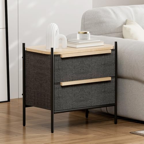 IKIFLY サイドテーブル 引き出し付き ナイトテーブル 低め ベッドサイドテーブル ２段チェスト タンス 収納 布製 ソファー サイドテーブル ベッド横 リビング 寝室 コンパクト 軽量 一人暮らし おしゃれ 北欧風 幅57.5×長さ35×高さ58.4cm (ダックグレー)