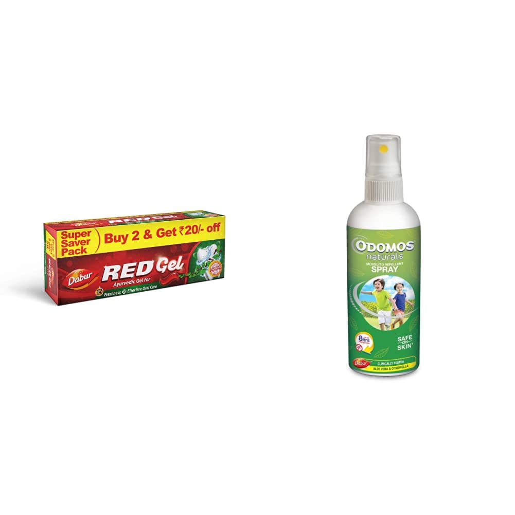 DABUR Red Gel Controls Bad Breath, Plaque, Gingivitis, Toothache - 150 G (Pack Of 2) Odomos Narurals Mosquito Repellant Spray - 100 Ml
