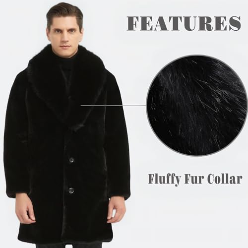 Image of Long Faux Fur Coat Outwear Black Winter Parka Overcoat for Men