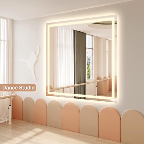Image of Koonmi Home Gym Mirror, 47 inchx47 inch Heavy Duty Large Seamless Tempered Glass Wall Mirrors with LED Lights for Gym, Workout, Yoga, Fitness, Dance Studio, Home, Exercise Room, Bathroom