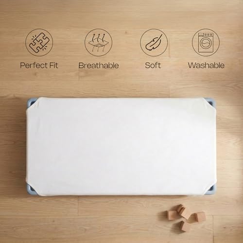 Image of 22 inch x 40 inch Daycare Cot Sheets Pack of 12 Fitted Toddler Nap Mat Covers Soft Breathable Microfiber Poly-Cotton Standard Preschool Hypoallergenic Durable Machine Washable White