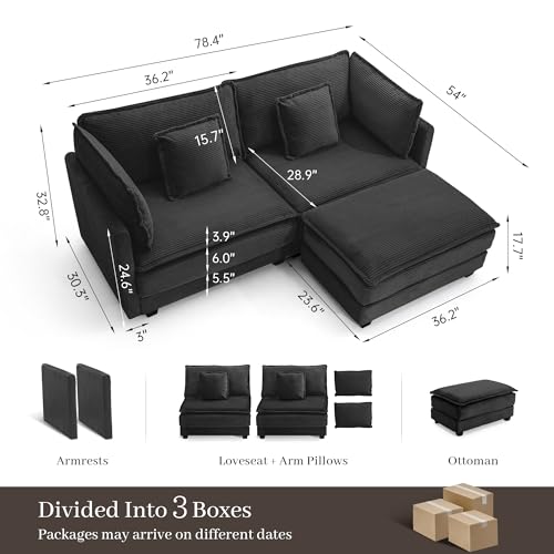 Image of 78.4 inch Corduroy Loveseat Sectional, Small L Shaped Sofa Couch with Ottoman for Apartment, Office, or Bedroom, Black